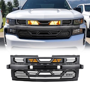 AMERICAN MODIFIED Armor Front Grille w/ LED Amber Lights & Emblem Holder, Compatible with 2019-2021 Chevy Silverado 1500 Models, Matte Black - 1 of 4