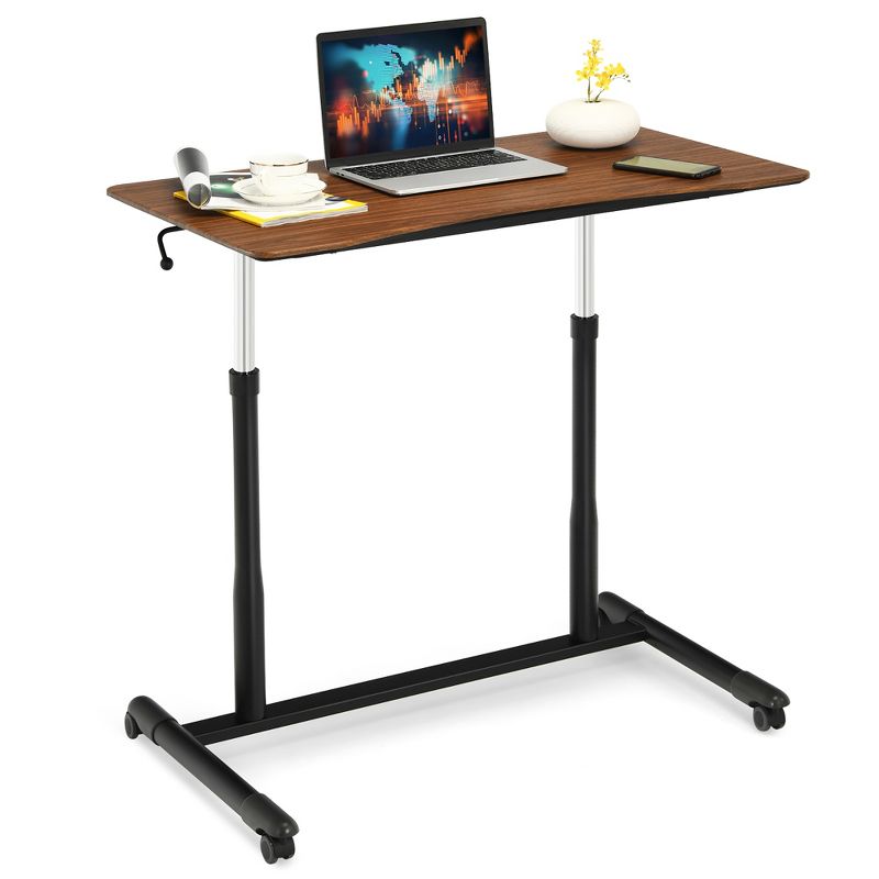 Costway Height Adjustable Computer Desk Sit Stand Rolling Notebook Table Natural\Brown\Black, 1 of 11