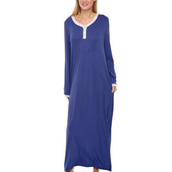 Women's Soft Knit Nightgown Long Sleep Shirt Full Length Henley Pajama Top with Pockets