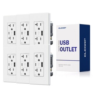 ELEGRP USB Outlet Receptacle, 20 Amp Outlet with USB C and USB A Port,21W Duplex Tamper Resistant Wall Outlet, Wall Plate Included, UL Listed, White - 1 of 4