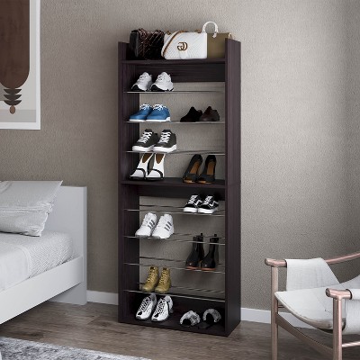 Vynxaria Contemporary Tall Open Shoe Rack, Metal Rails, 9-Tier, Wengue Finish