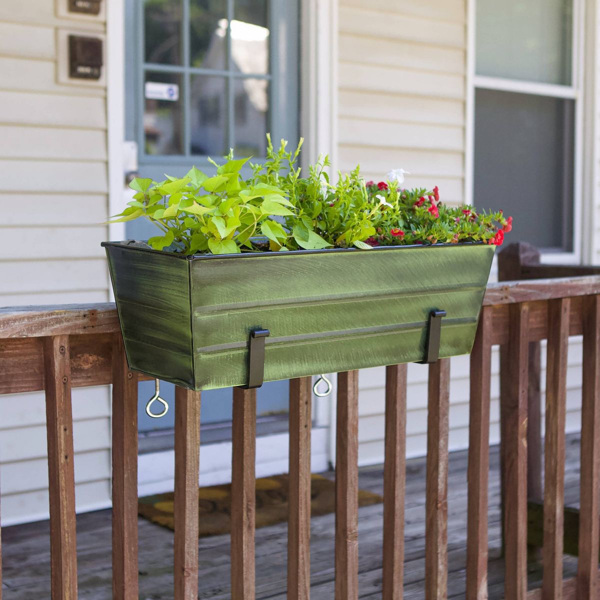 ACHLA Designs 24" Wide Rectangular Flower Box Galvanized Steel with Black Wrought Iron Clamp-On Brackets Green Patina - thumbnail 2