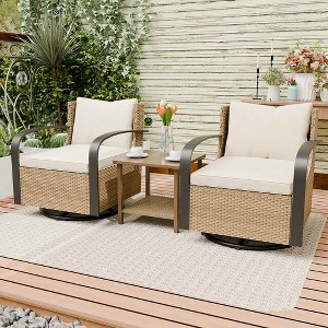YARDSIGHT 3-Piece Patio Swivel Rocker Conversation Set with 2 Armchairs and 1 Wicker Side Table, Wood-Look Metal Tabletop and Olefin Cushions - 1 of 4