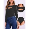 INSPIRE CHIC Women's Bodysuit Ribbed Knit Cutout Front Long Sleeve Crew Neck Bodycon Leotard Tops - 2 of 4