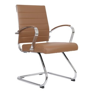 LeisureMod Benmar Guest Office Chair, Ribbed Leather Upholstery with Chrome Arms and Sled Base, Modern Desk Seating for Home or Conference Room - 1 of 4