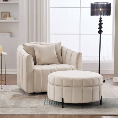GDFStudio Adam 40.35"W Oversized Velvet Channel Tufted Swivel Chair and Storage Ottoman Sets