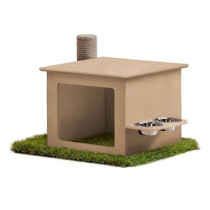 On2Pets Cat House with Scratching Post & Feeder Station - Beige - 1 of 4