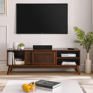 GDFStudio Charles Mid Century Modern Wood 59" TV Stand with 2 Rattan Cabinet Doors - 1 of 4