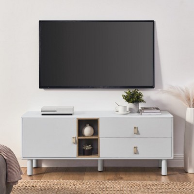 TV Stand, Entertainment Center With Leather Handles, Solid Wood Round Legs, 2 Compartments and Drawers