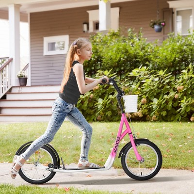 Pink Youth Kick Scooter with Adjustable Handlebars and Basket
