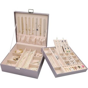 2-Layer Black Leather Jewelry Box with Removable Pad, Large Organizer Storage Case for Earrings and Other Jewelry - 1 of 4