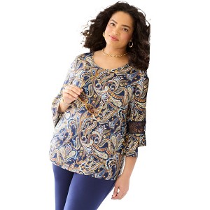 Catherines Women's Plus Size Bella Crochet Trim Top - 1 of 4