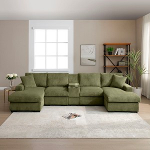 126" Fabric U-Shaped Cloud Sectional Sofa with Console, Cup Holders, USB and Double Chaise - 1 of 4