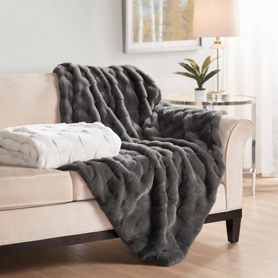 Gray Reversible Faux Fur Basketweave Throw Blanket
