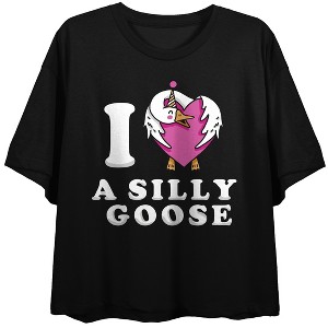 I Love A Silly Goose Women's Black Crew Neck Short Sleeve Crop Top - 1 of 3