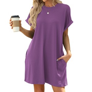 BLUEMING Womens T Shirt Dresses Crew Neck Mini Dresses Casual Short Sleeve Loose Flowy Dress with Pockets - 1 of 4