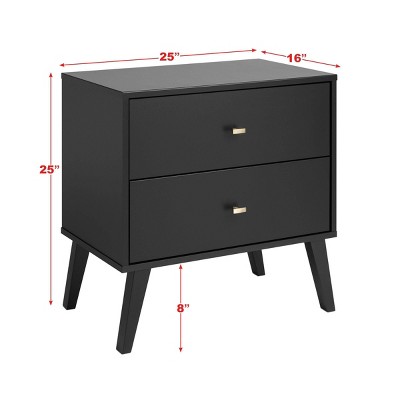 Black Mid-Century Modern 2-Drawer Nightstand with Brass Knobs