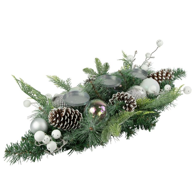 Northlight 32" Green Pine Triple Candle Holder with Berries and Iridescent Christmas Ornaments, 4 of 6