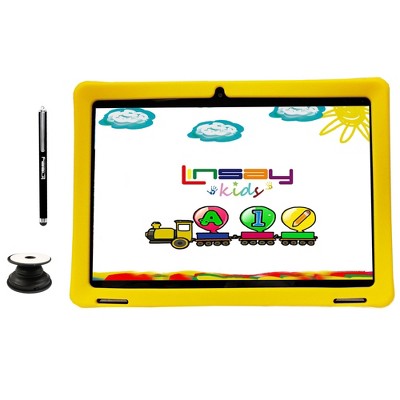 LINSAY 10.1" Kids Tablet 64GB New Android 14 with Yellow Kids Defender Case Google Certified