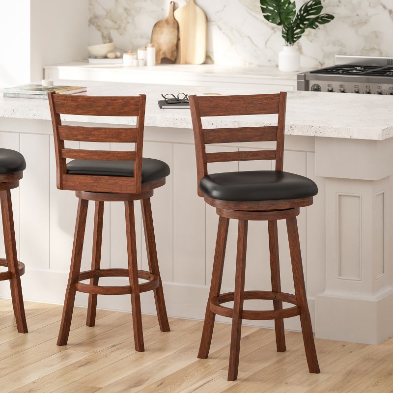 Merrick Lane 30" Classic Wooden Ladderback Swivel Bar Height Stool with Upholstered Padded Seat and Integrated Footrest, 3 of 13