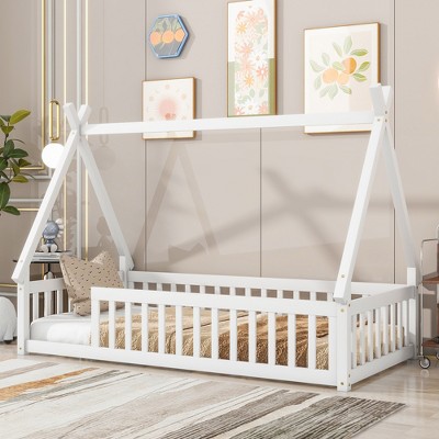TIRAMISUBEST Twin Size Tent-shaped Floor Bed without Door, Montessori Bed with Guardrails and Slats Support for Kids
