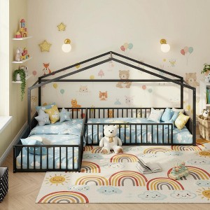 Polibi Double Twin Size L-Shaped Montessori Metal House Bed Frame - 1 of 4