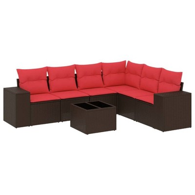 vidaXL 7 Piece Patio Sofa Set with Cushions Brown Poly Rattan