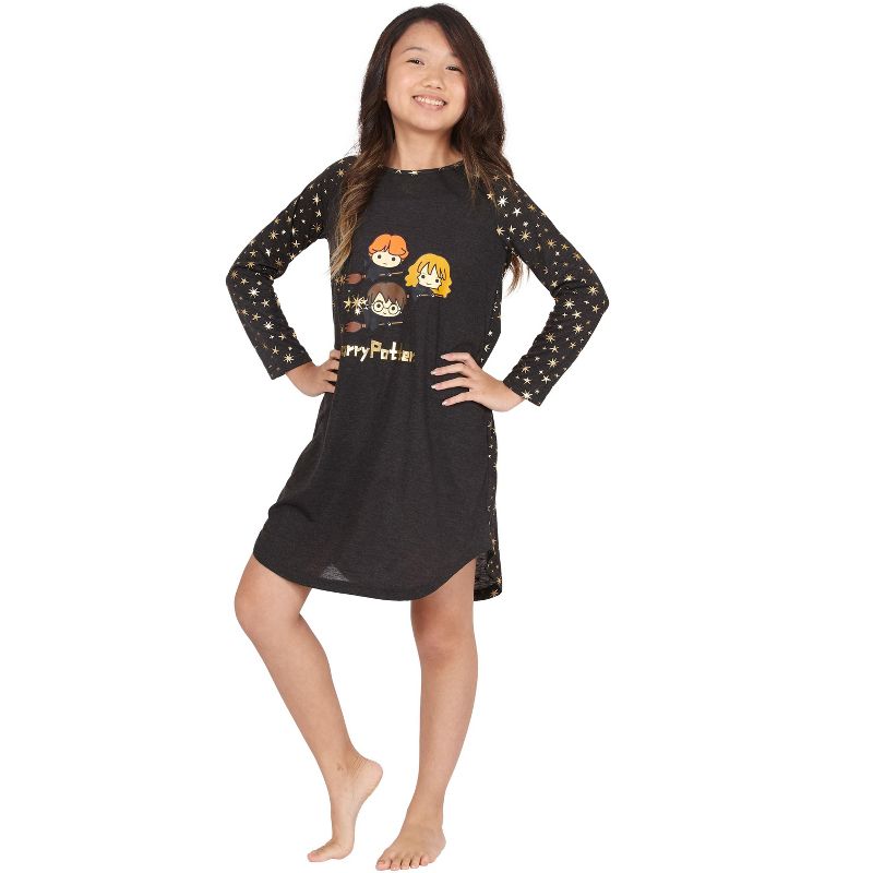 Harry Potter Hermione Chibi Charms Logo House Crest Raglan Pajama Gown Black, 2 of 5