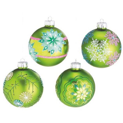 Ganz 4ct Green Dazzling Snowflake Glass Design Christmas Ball Ornaments 3.5" (90mm)