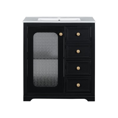Vynxaria 30-inch bathroom vanity with a soft close glass door, adjustable shelves, and three drawers,Black