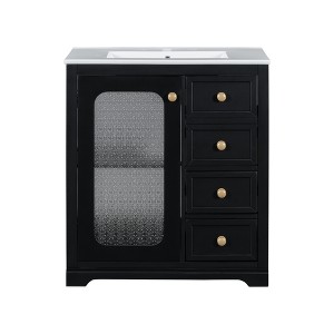 Vynxaria 30-inch bathroom vanity with a soft close glass door, adjustable shelves, and three drawers,Black - 1 of 4