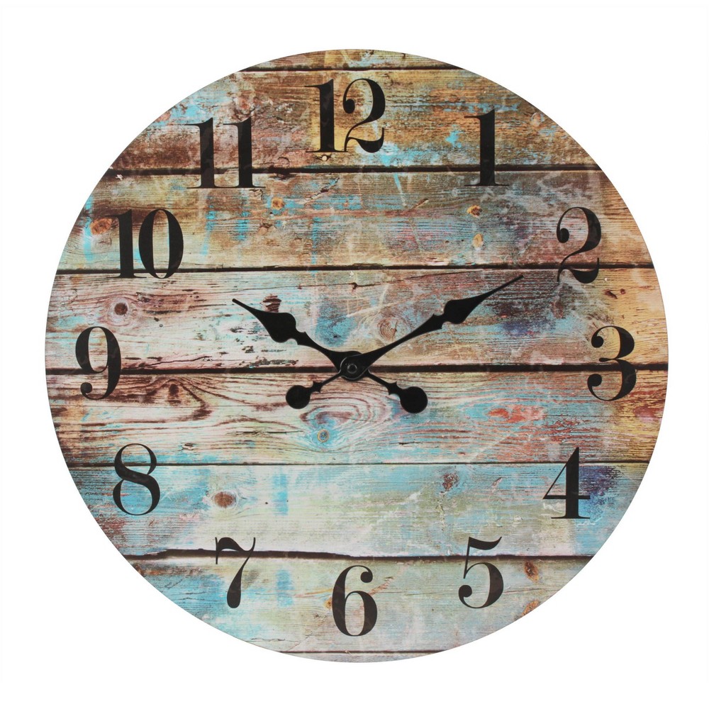 Photos - Wall Clock 18" Round Rustic Wooden  Blue - Stonebriar Collection