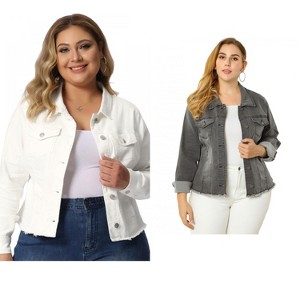Women's Plus Size 2 Pieces Classic Denim Front Frayed Casual Long Sleeve Fashion Jean Jackets - Agnes Orinda - 1 of 4