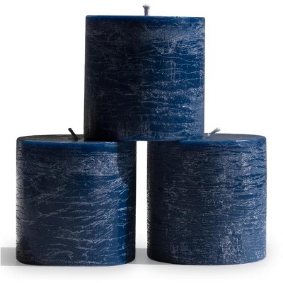 3x3 Pillar Candles Set of 3 - Rustic Unscented No Drip Dark Blue Candles for Home Decor, Weddings, Centerpieces
