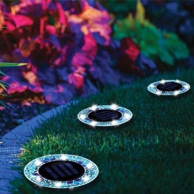 Blue Mosaic Solar Powered LED Pathway Disk Lights, Set of 8