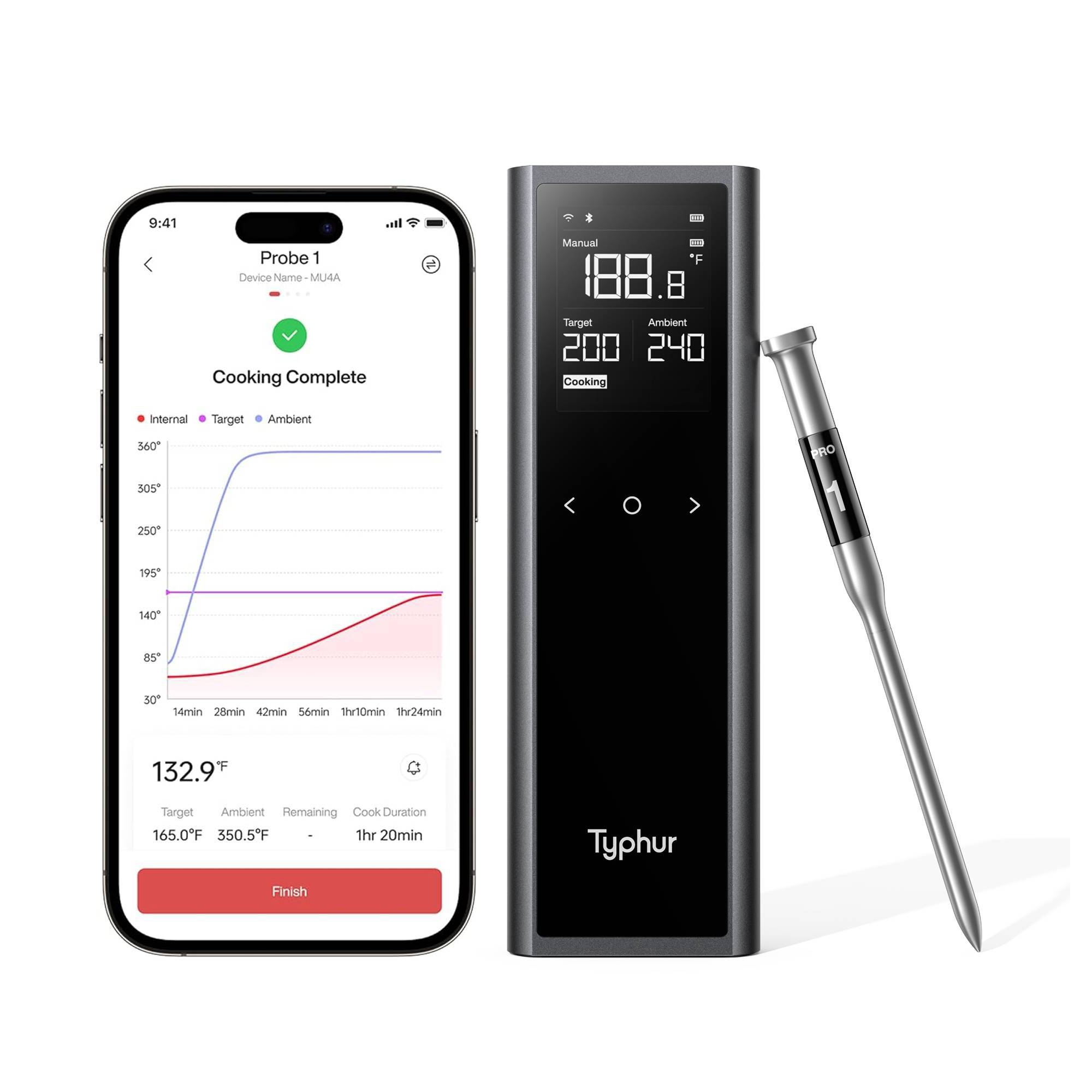Typhur Sync One Pro Smart Wireless Meat Thermometer 3000 FT Sub-1G Enhanced Signal, WiFi Unlimited Range, 6 Sensor Probe for BBQ Grill, Smoker, Oven