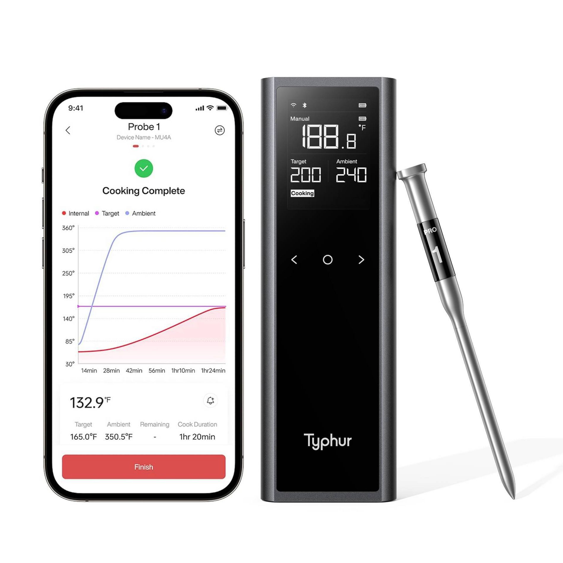 Typhur Sync One Pro Smart Wireless Meat Thermometer 3000 FT Sub-1G Enhanced Signal, WiFi Unlimited Range, 6 Sensor Probe for BBQ Grill, Smoker, Oven