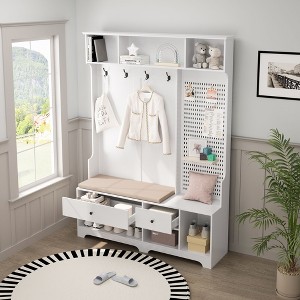 NicBex Hall Tree with Coat Rack, Shoe Rack, Removable Linen Shoe Bench Mat, Storage Cabinet and DIY Pegboard, for Entrance, Living Room - 1 of 4