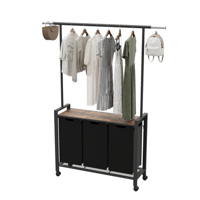 Laundry Sorter Cart With Hanging Clothes Rack, Removable Drying Rack, Laundry Basket Rack,Lockable Rollers
