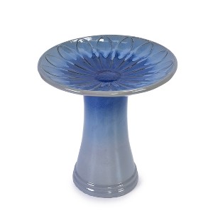 Gulches 21 Qt Blue Gray Ceramic Floral Pattern Bird Bath with Glossy Ombre Finish Outdoor (17x17x18 in) 1-Pack - 1 of 4