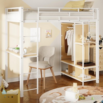 Twin Size Metal Loft Bed with Built-in Wardrobe, Desk, Shelves, Safety Guardrails and  Ladder, White/Black-ModernLuxe