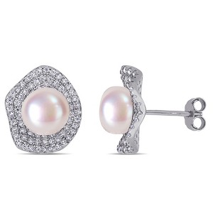 EVERLY JEWELRY |Sterling Silver 8.5 - 9 MM Cultured Freshwater Pearl and 1 5/8 CT TGW Cubic Zirconia Wavy Clustered Halo Stud Earrings - 1 of 3