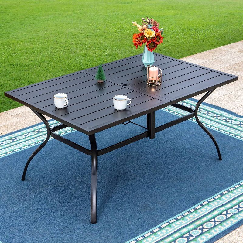 7pc Outdoor Dining Set with 7 Position Adjustable Wicker Chairs &#38; Metal Rectangle Table with Umbrella Hole - Black - Captiva Designs, 3 of 14