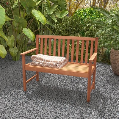 Natural Eucalyptus Wood 2-Seat Outdoor Patio Bench with Armrests