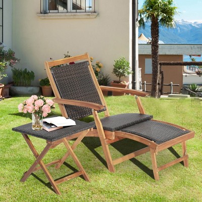 Costway 2PCS Patio Rattan Folding Lounge Chair Table Acacia Wood W/Retractable Footrest