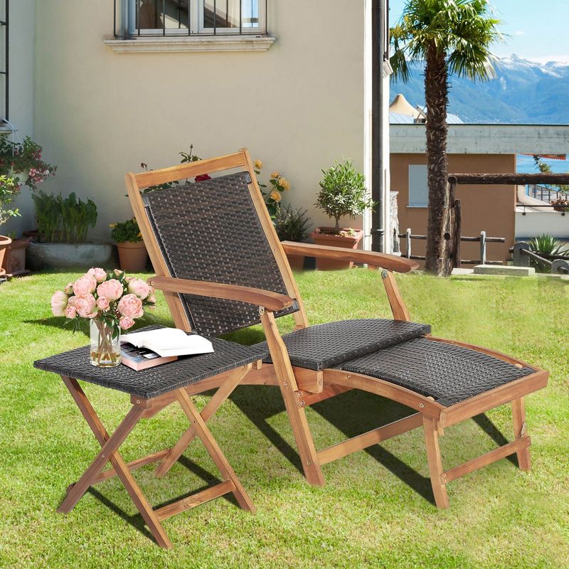 Costway 4PCS Patio Rattan Folding Lounge Chair Table Acacia Wood withRetractable Footrest, 3 of 10