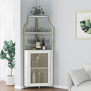 Whizmax Corner Wine Bar Cabinet with Detachable Wine Rack, Bar Cabinet with Glass Holder, Small Sideboard and Buffet Cabinet with Mesh Door - 1 of 4