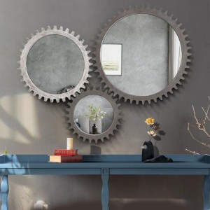 Vintage 17-inch X 17-inch Wooden Round Wall-mounted Gear-shaped Decorative Mirror With A Collage Effect - 1 of 4