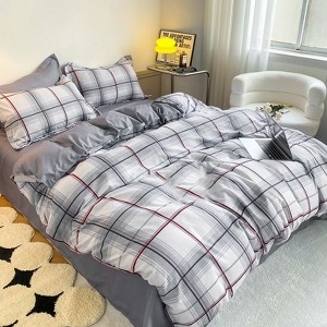 Boersma 3 Pieces Red And Black Check Duvet Cover Set Soft And Comfort Geometric Fringe Pattern Microfiber Bedding Set with 2 Pillowcases Twin Size - 1 of 4