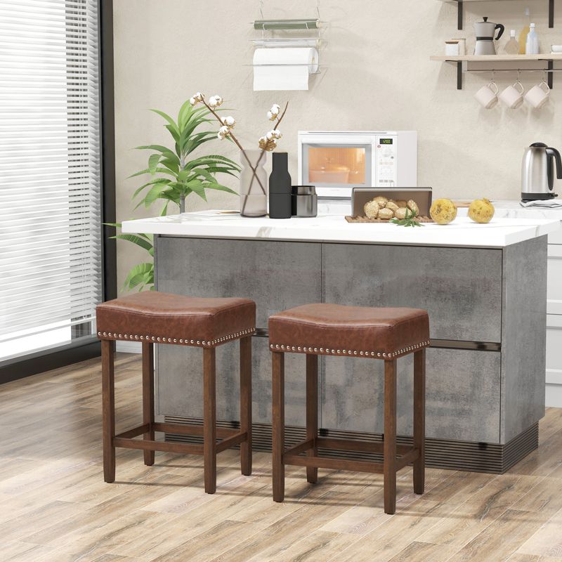 Costway 24" Upholstered Bar Stools Set of 2 with Footrests Rubberwood Frame Saddle-shaped Brown/Gray, 4 of 9